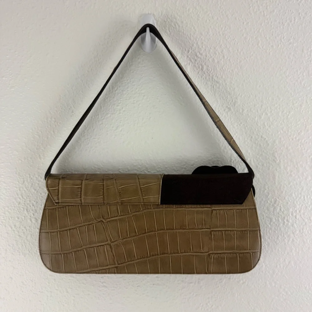 VENERA ARAPU Vintage 90s Brown Tan Suede Leather Embossed Flower Shoulder Bag